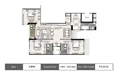 Wadhwa Artek Park 3 BHK floor plan, 1393 sq ft carpet area