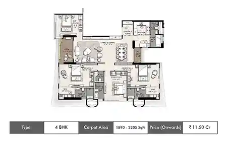 Wadhwa Artek Park 4 BHK floor plan, 1890 sq ft carpet area